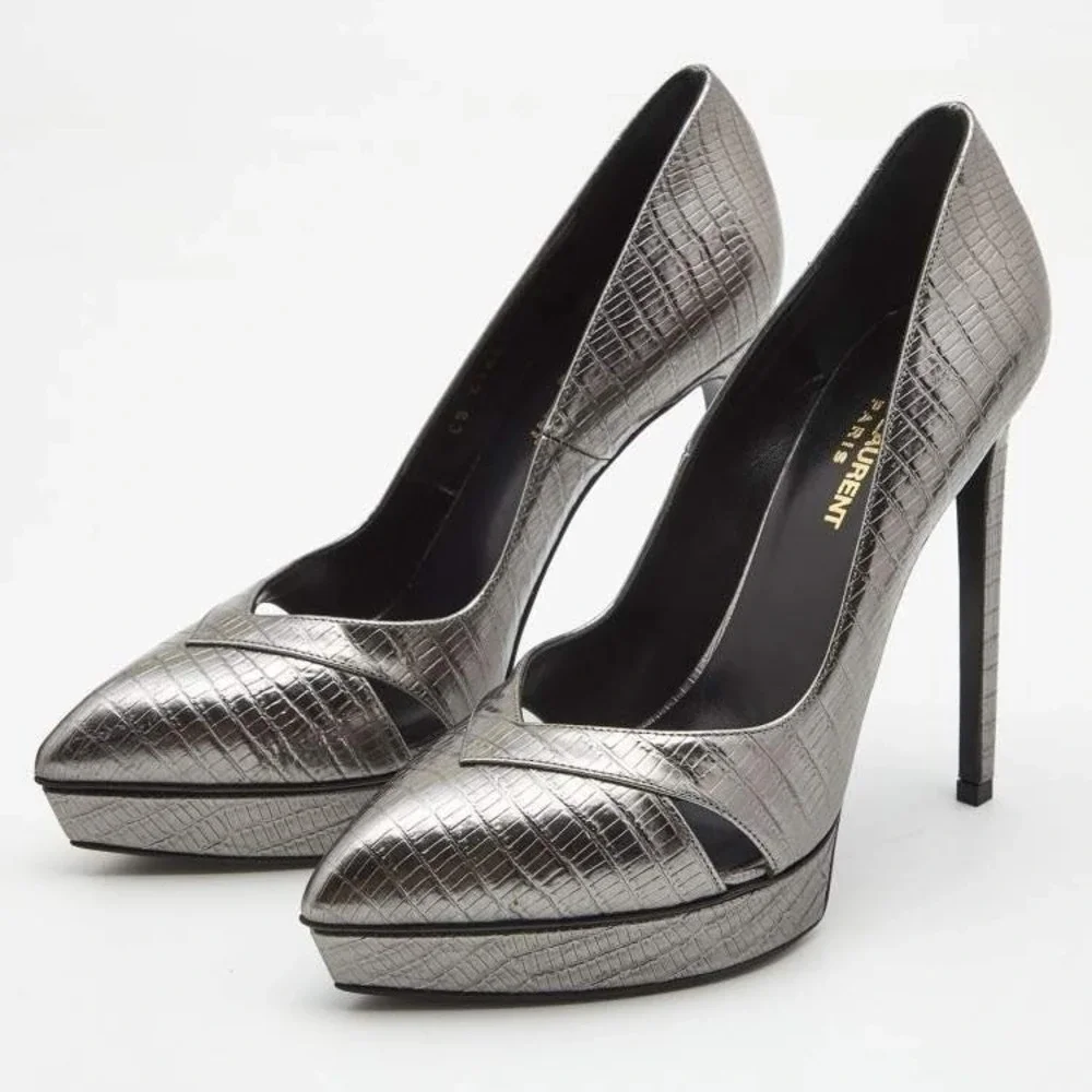 Saint Laurent Tejus Croc Embossed Platform Pumps Graphite EU 38.5